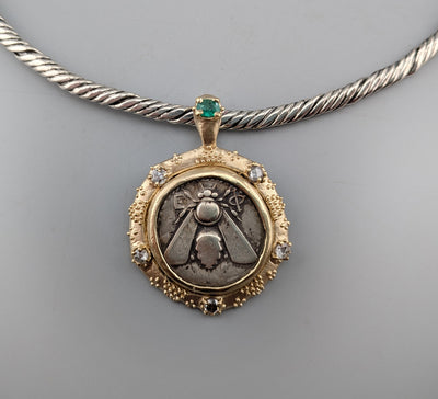 Ancient AR Tetradrachm, Ephesus Bee, 14kt Gold Pendant with Diamonds and Emerald