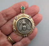 Ancient AR Tetradrachm, Ephesus Bee, 14kt Gold Pendant with Diamonds and Emerald