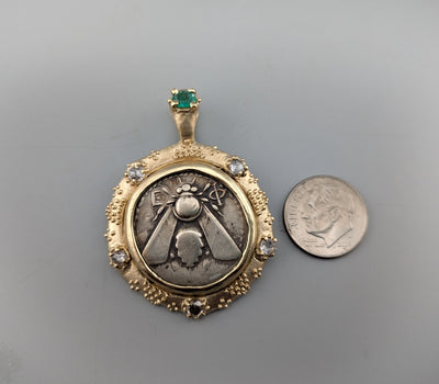 Ancient AR Tetradrachm, Ephesus Bee, 14kt Gold Pendant with Diamonds and Emerald
