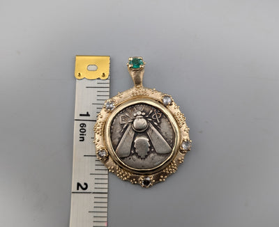 Ancient AR Tetradrachm, Ephesus Bee, 14kt Gold Pendant with Diamonds and Emerald