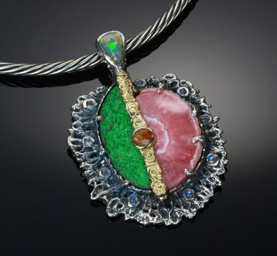 Rhodochrosite and Uvarovite Garnet, Sterling Silver/14kt Gold Pendant