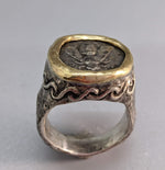 Ephesus Bee Drachm Sterling Silver Ring with Gold Bezel