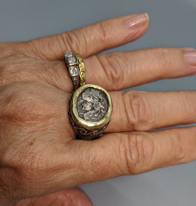 Ephesus Bee Drachm Sterling Silver Ring with Gold Bezel