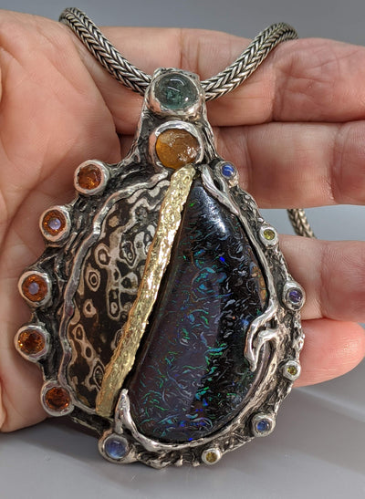 Yowah Opal Mokume Gane Sterling Silver Pendant with 14kt Gold