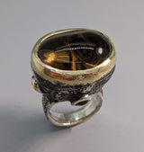 Carved Smoky Quartz Sterling Silver Ring with 14kt Gold Bezel