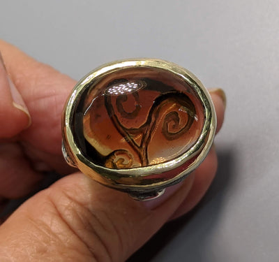 Carved Smoky Quartz Sterling Silver Ring with 14kt Gold Bezel