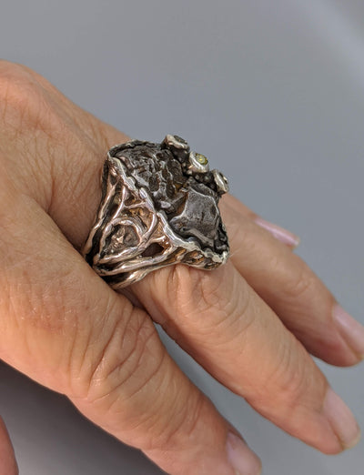 Sikhote Alin Meteorite Sterling Silver Ring with Yellow Diamonds