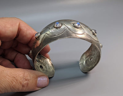 Engraved and Hammered Sterling Silver Bracelet with Rainbow Moonstones
