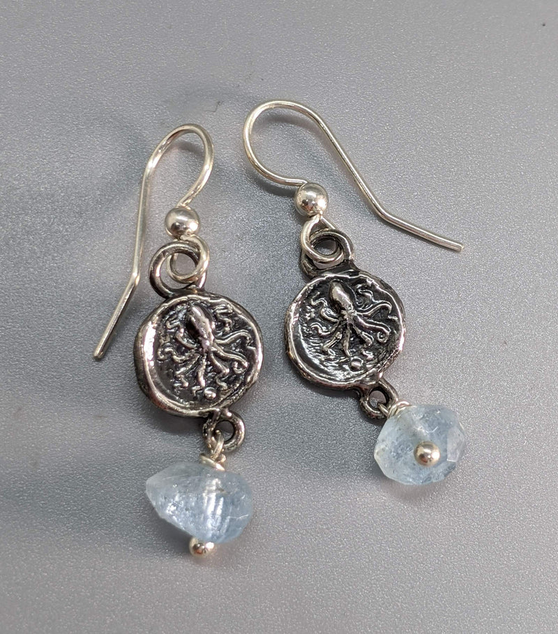 Sterling Silver Ancient Coin Replica Earrings, Octopus