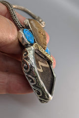 Teotihuacan Head, Pottery Shard Silver Pendant with Turquoise and Gold Strip