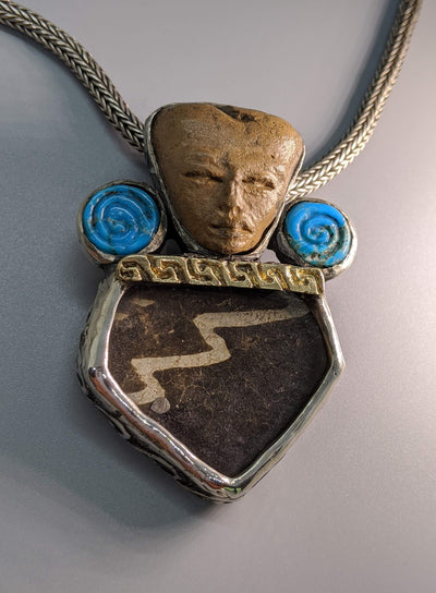 Teotihuacan Head, Pottery Shard Silver Pendant with Turquoise and Gold Strip