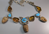 Pre-Columbian Teotihuacan Heads, Amber, Turquoise, Sterling Silver Necklace