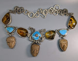 Pre-Columbian Teotihuacan Heads, Amber, Turquoise, Sterling Silver Necklace