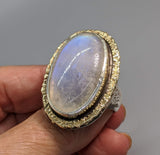 Rainbow Moonstone Sterling Silver Ring with 14kt Gold Rim