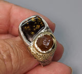 Fire Agate Sterling Silver Ring with Spessartite Garnet and 14kt Gold Section