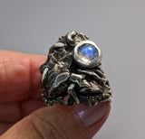 Sikhote Alin Meteorite Sterling Silver Ring with Rainbow Moonstone
