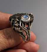 Sikhote Alin Meteorite Sterling Silver Ring with Rainbow Moonstone
