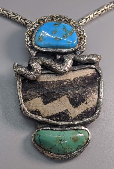 Pre-Pueblo Pottery Shard, Turquoise in Sterling Silver Rattle Snake Pendant with High Karat Gold Studs