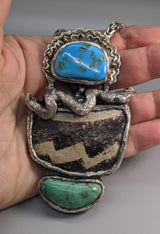 Pre-Pueblo Pottery Shard, Turquoise in Sterling Silver Rattle Snake Pendant with High Karat Gold Studs