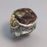 Fire Agate Sterling Silver Ring with High Karat Natural Gold Nuggets on Side