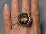 Fire Agate Sterling Silver Ring with High Karat Natural Gold Nuggets on Side