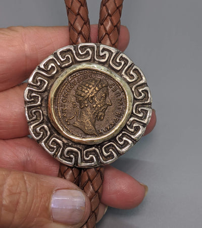 Ancient AE Dupondius, Marcus Aurelius, Sterling Silver Bolo with 14kt Gold Bezel