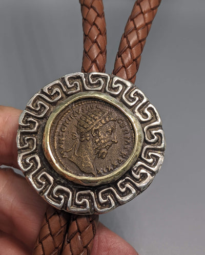 Ancient AE Dupondius, Marcus Aurelius, Sterling Silver Bolo with 14kt Gold Bezel