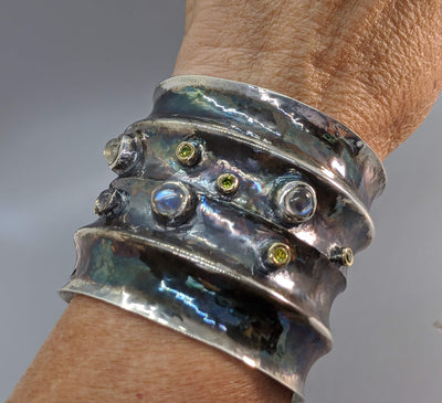 Wide Sterling Silver Cuff Bracelet with Rainbow Moonstones, Green and Yellow Diamonds in 14kt Gold Bezels