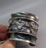 Wide Sterling Silver Cuff Bracelet with Rainbow Moonstones, Green and Yellow Diamonds in 14kt Gold Bezels