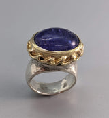 Tanzanite Cabochon in Sterling Silver Ring with 14kt Gold Bezel
