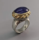 Tanzanite Cabochon in Sterling Silver Ring with 14kt Gold Bezel