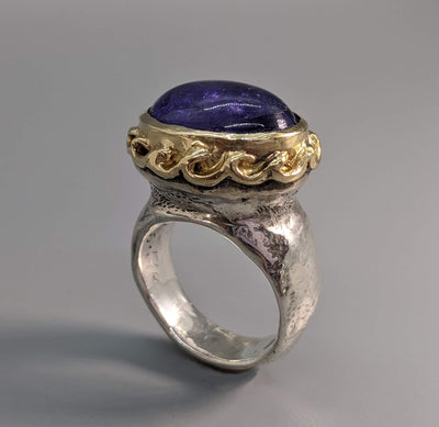 Tanzanite Cabochon in Sterling Silver Ring with 14kt Gold Bezel