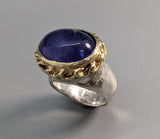 Tanzanite Cabochon in Sterling Silver Ring with 14kt Gold Bezel