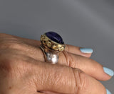 Tanzanite Cabochon in Sterling Silver Ring with 14kt Gold Bezel
