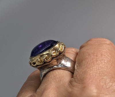 Tanzanite Cabochon in Sterling Silver Ring with 14kt Gold Bezel