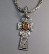 Small Sterling Silver Celtic Fahan Mura Cross with Spessartite Garnet Crystal