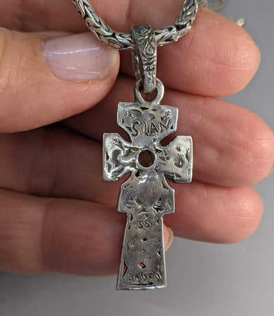 Small Sterling Silver Celtic Fahan Mura Cross with Spessartite Garnet Crystal