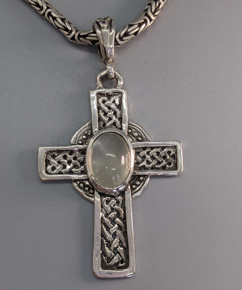 Large Sterling Silver Celtic Cross with Moonstone