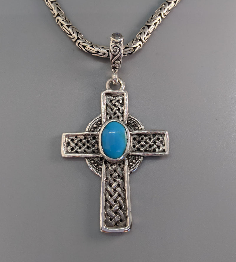 Sterling Silver Celtic Cross with Sleeping Beauty Turquoise