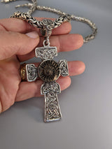 Large Sterling Silver Celtic Fahan Mura Cross with Ammonite Fossil Matrix