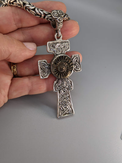 Large Sterling Silver Celtic Fahan Mura Cross with Ammonite Fossil Matrix
