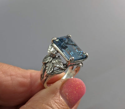Blue Topaz Sterling Silver Ring, Leaf Design
