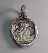 Sterling Silver Ancient Coin Replica, Old Style Owl, with Rainbow Moonstone on Bail