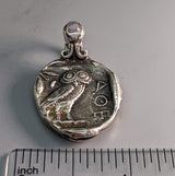 Sterling Silver Ancient Coin Replica, Old Style Owl, with Rainbow Moonstone on Bail