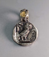 Sterling Silver Ancient Coin Replica Pendant, Old Style Owl, with Citrine on Bail