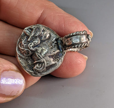 Sterling Silver Ancient Coin Replica Pendant, Old Style Owl, with Citrine on Bail