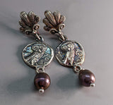 Sterling Silver Ancient Coin Replica Earrings, Owls, with Palmette Tops, and Pearl Drops