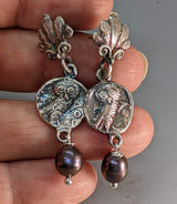 Sterling Silver Ancient Coin Replica Earrings, Owls, with Palmette Tops, and Pearl Drops