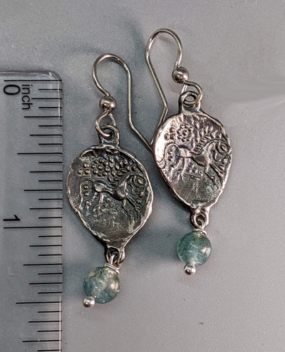 Sterling Silver Ancient Colin Replica Earrings, Celtic Horse with Apatite Bead Drops