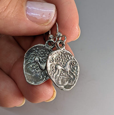 Sterling Silver Ancient Coin Replica Earrings, Celtic Horse